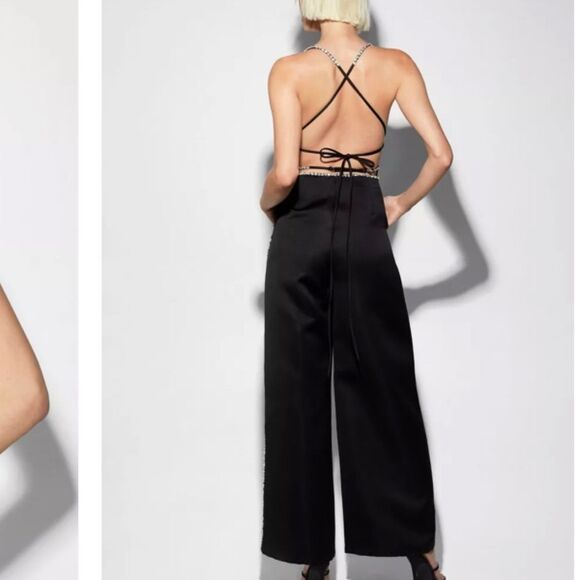 Nasty Gal- Black Premium Satin Diamante Trim Strap Back Jumpsuit - Picture 2 of 7